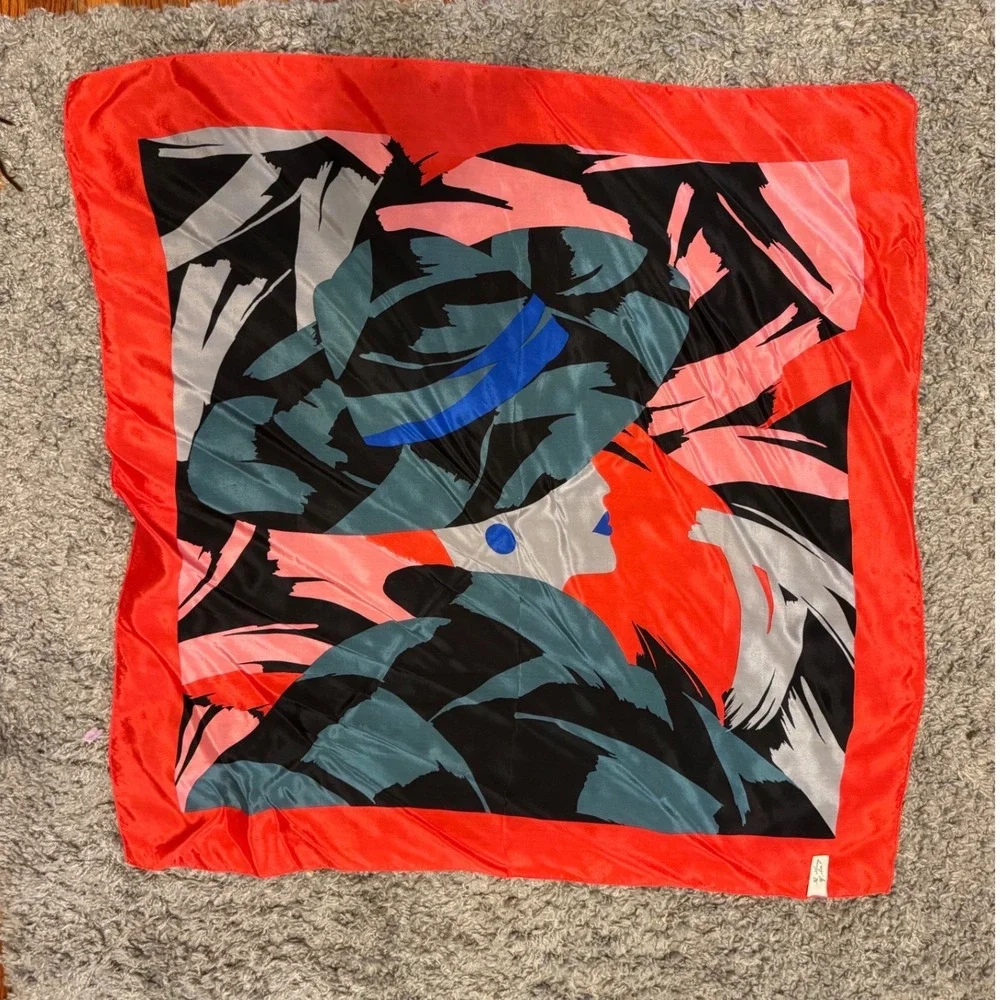 Vintage 100% Silk Scarf Made in Japan Red Black Graphic Woman Portrait RN 34191